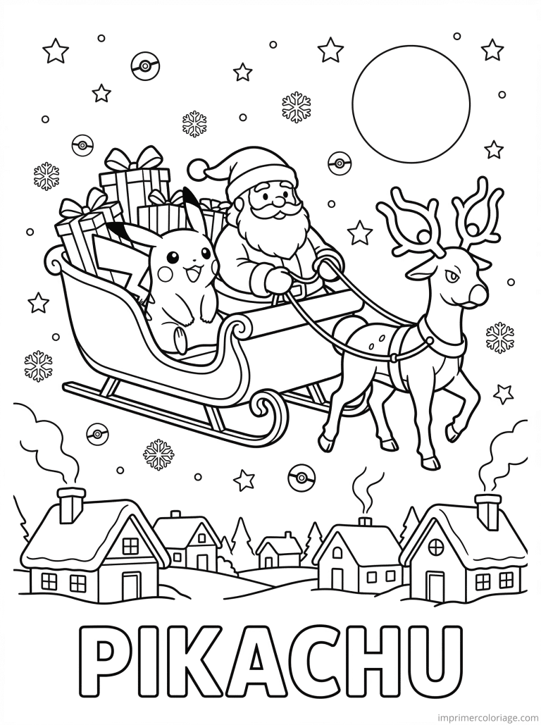 coloriage pokemon pikachu traineau pere noel nuit - dessin gratuit &agrave; imprimer