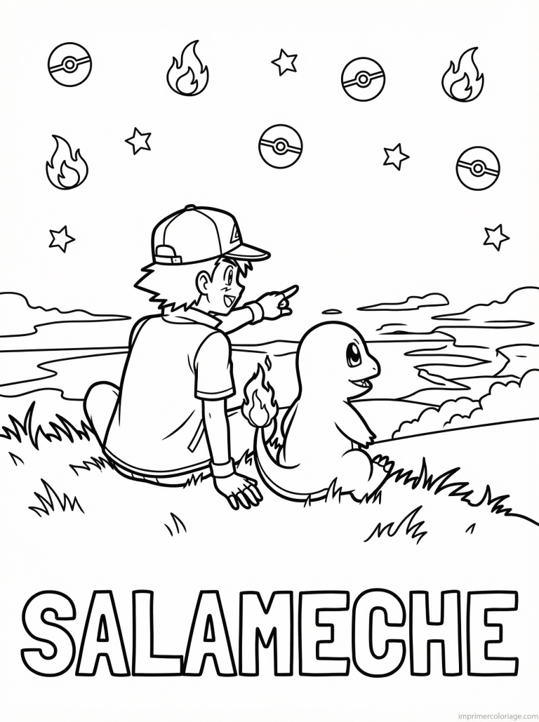 coloriage pokemon salameche avec sacha 2 - dessin gratuit &agrave; imprimer