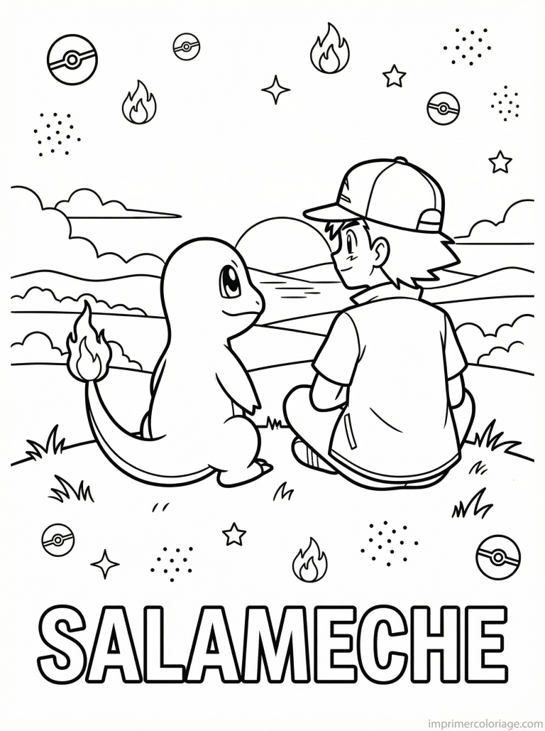 coloriage pokemon salameche avec sacha - dessin gratuit &agrave; imprimer