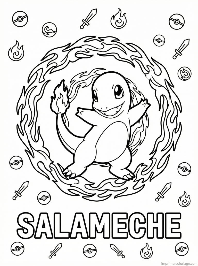 coloriage pokemon salameche danse lames feu - dessin gratuit &agrave; imprimer