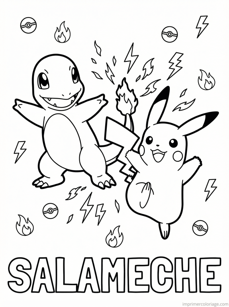 coloriage pokemon salameche joue pikachu - dessin gratuit &agrave; imprimer