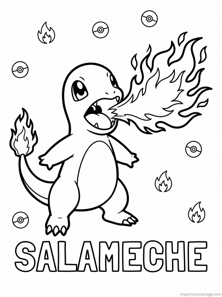 coloriage pokemon salameche premier lance flammes - dessin gratuit &agrave; imprimer