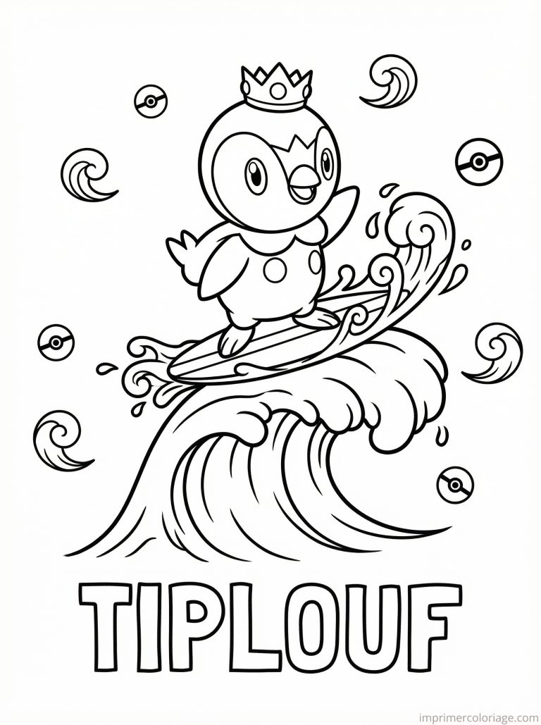 coloriage pokemon tiplouf surf vague - dessin gratuit &agrave; imprimer