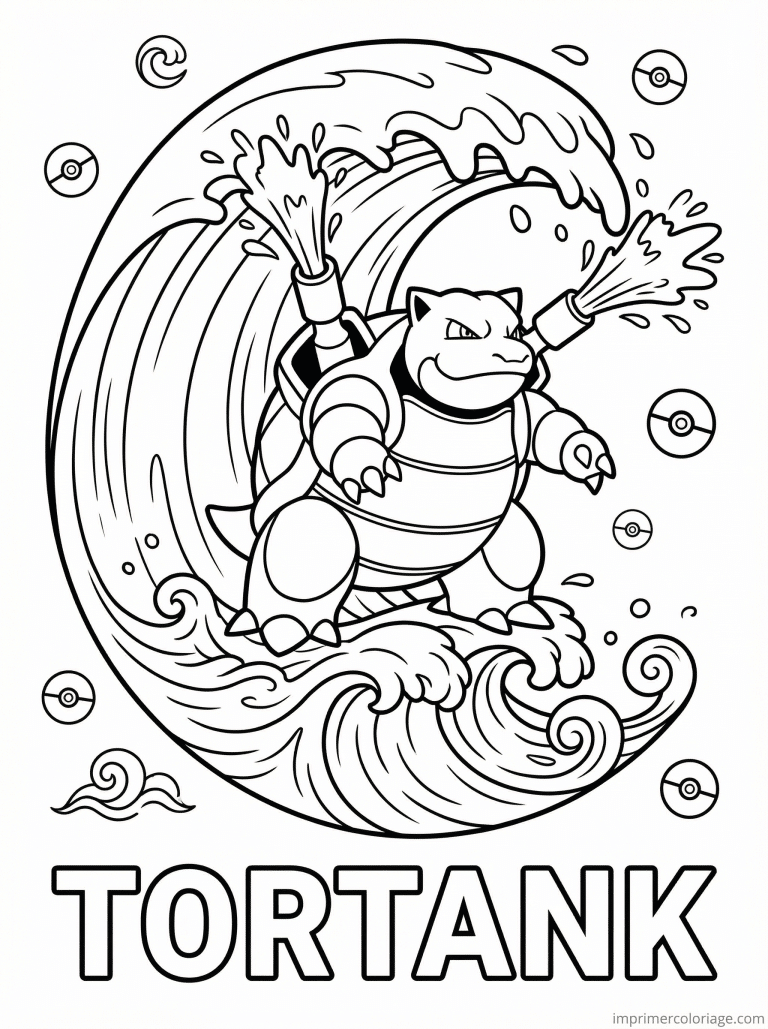 coloriage pokemon tortank surf vague geante - dessin gratuit &agrave; imprimer