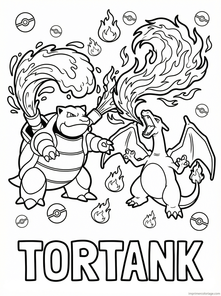 coloriage pokemon tortank vs dracaufeu - dessin gratuit &agrave; imprimer