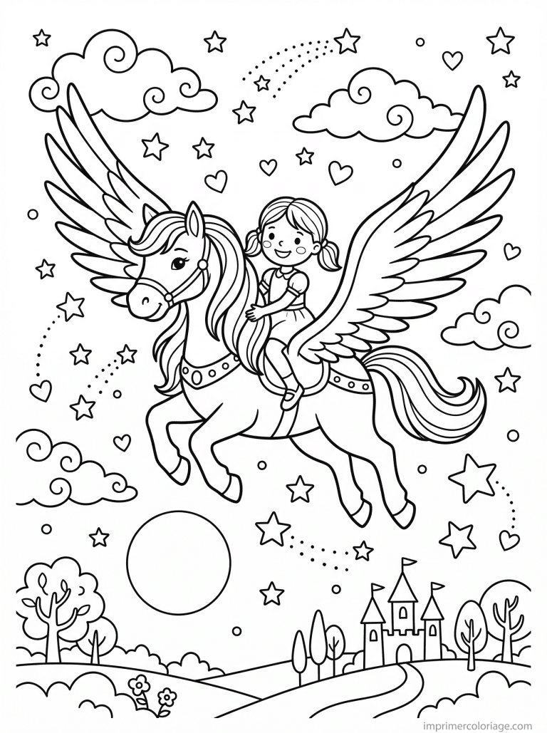 coloriage poney ailes fille ciel etoiles lune à imprimer coloriage poney ailes fille ciel etoiles lune - dessin gratuit à imprimer