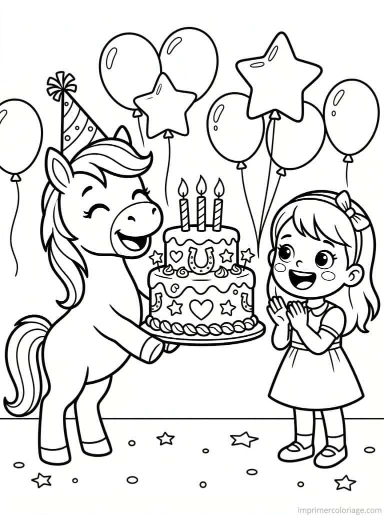 coloriage poney anniversaire gateau ballons coeurs à imprimer coloriage poney anniversaire gateau ballons coeurs - dessin gratuit à imprimer