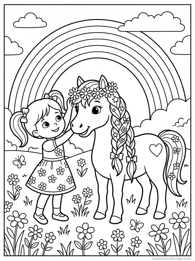 coloriage poney coeur flanc couronne fleurs arc en ciel à imprimer coloriage poney coeur flanc couronne fleurs arc en ciel - dessin gratuit à imprimer