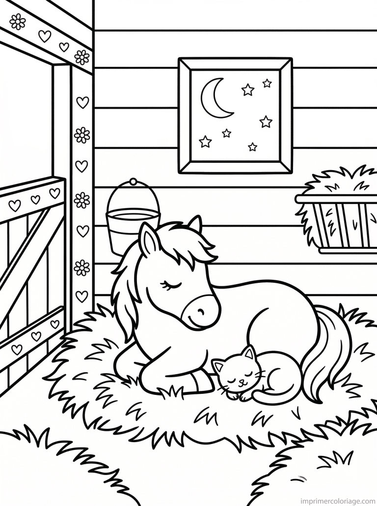 coloriage poney dort ecurie lune etoiles à imprimer coloriage poney dort ecurie lune etoiles - dessin gratuit à imprimer