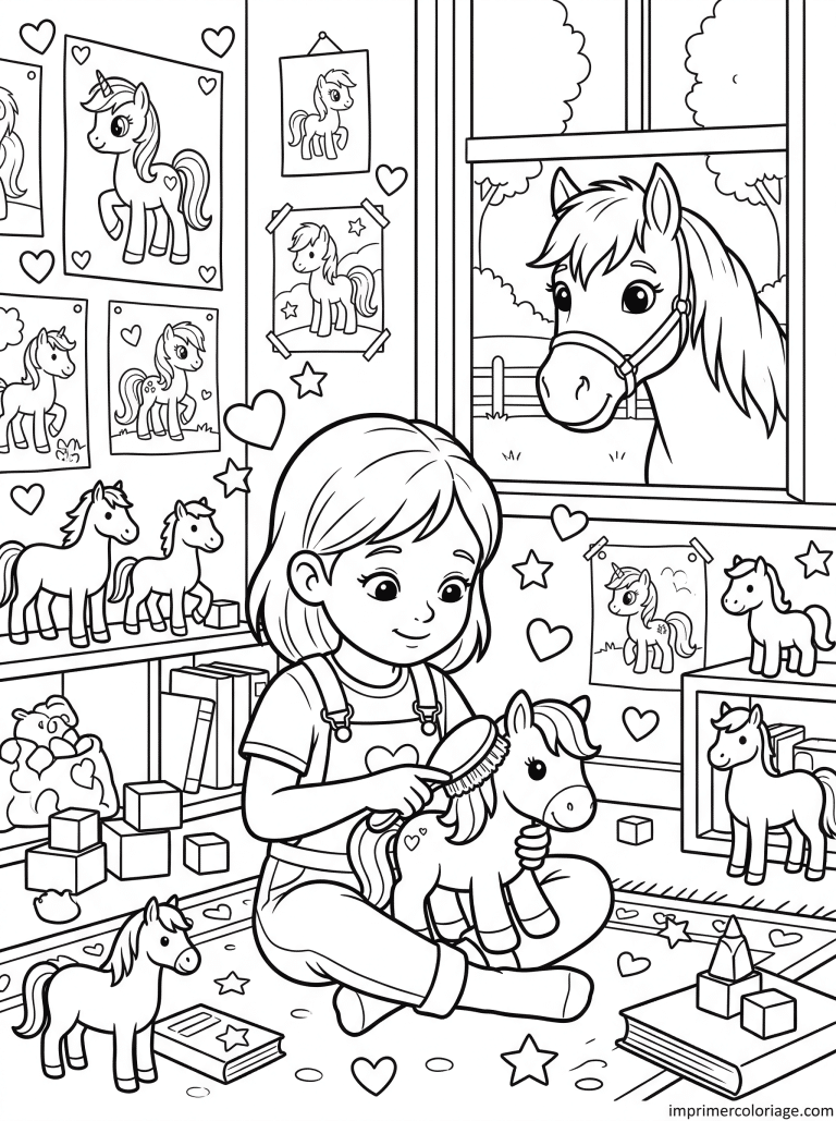 coloriage poney fille chambre jouet fenetre coeurs à imprimer coloriage poney fille chambre jouet fenetre coeurs - dessin gratuit à imprimer