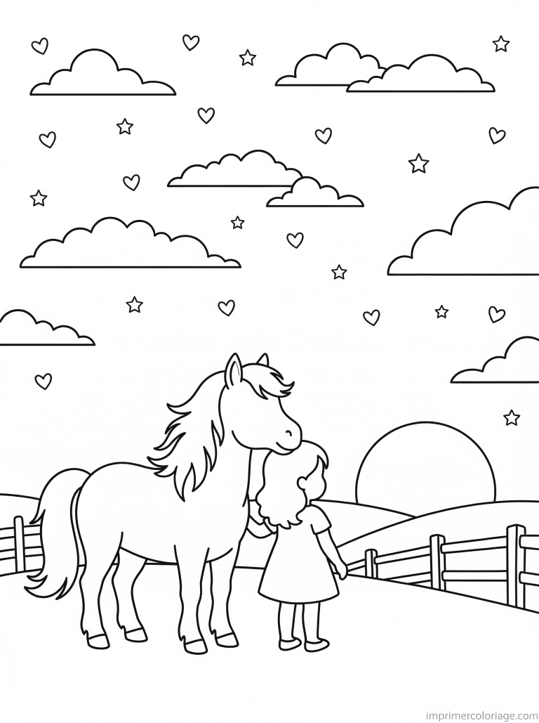 coloriage poney fille coucher soleil coeurs noir blanc à imprimer coloriage poney fille coucher soleil coeurs noir blanc - dessin gratuit à imprimer