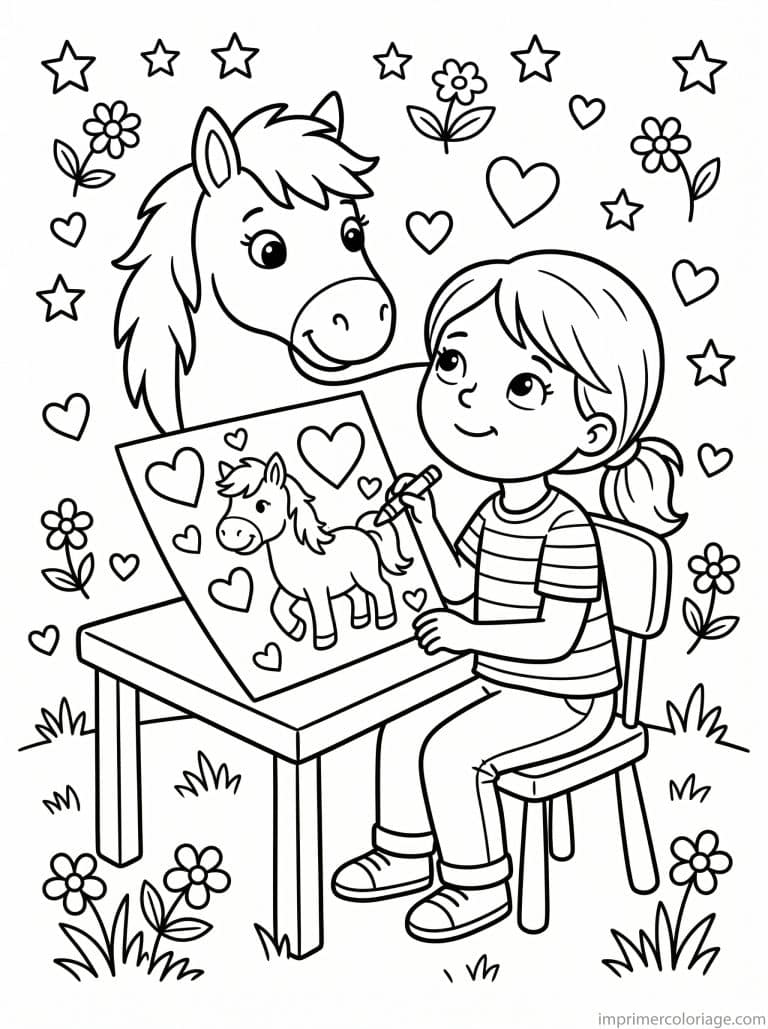 coloriage poney fille dessine portrait coeurs à imprimer coloriage poney fille dessine portrait coeurs - dessin gratuit à imprimer