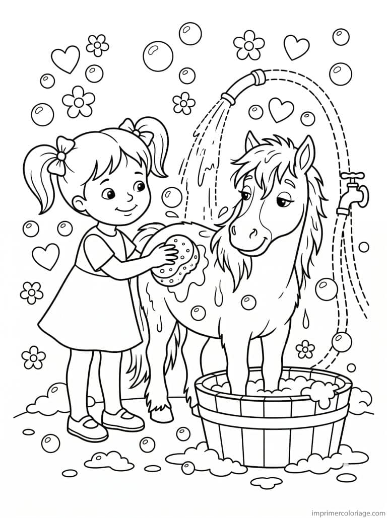 coloriage poney fille donne bain bulles coeurs à imprimer coloriage poney fille donne bain bulles coeurs - dessin gratuit à imprimer