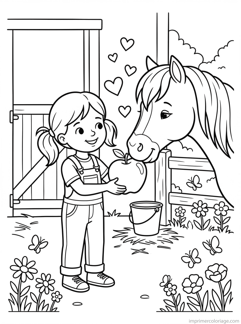 coloriage poney fille donne pomme coeurs à imprimer coloriage poney fille donne pomme coeurs - dessin gratuit à imprimer