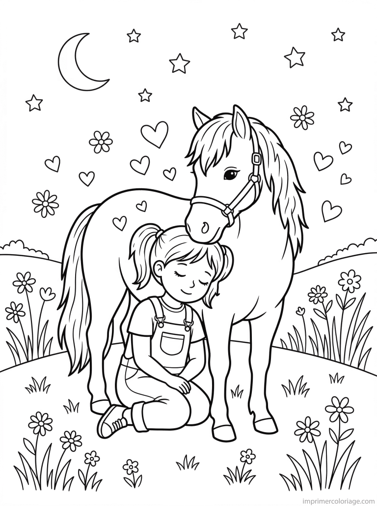coloriage poney fille dort ami lune coeurs à imprimer coloriage poney fille dort ami lune coeurs - dessin gratuit à imprimer