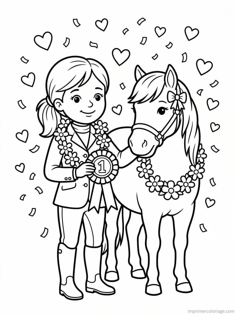 coloriage poney fille gagne concours ruban coeurs à imprimer coloriage poney fille gagne concours ruban coeurs - dessin gratuit à imprimer