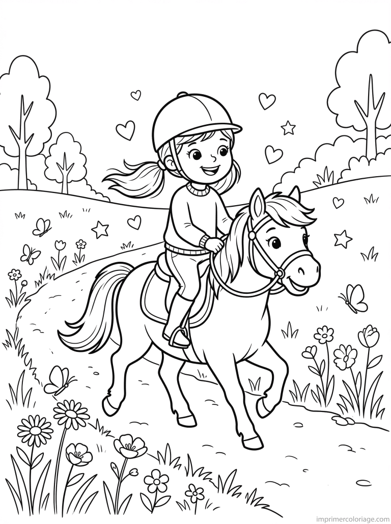 coloriage poney fille monte prairie coeurs à imprimer coloriage poney fille monte prairie coeurs - dessin gratuit à imprimer