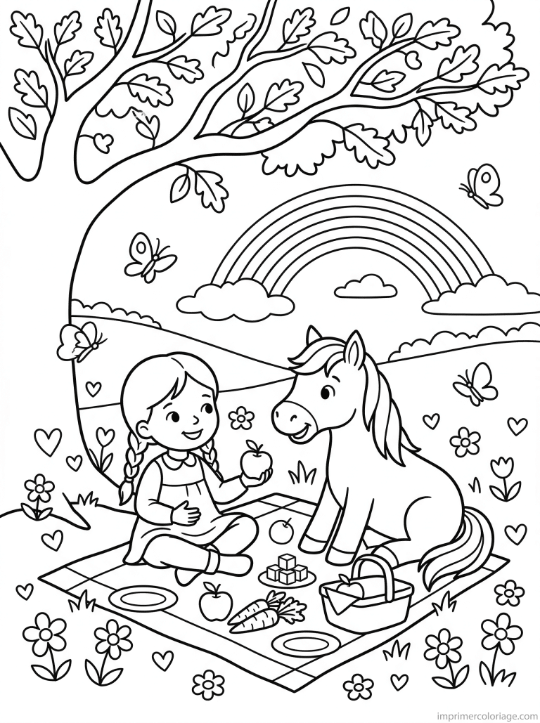 coloriage poney fille pique nique arc en ciel à imprimer coloriage poney fille pique nique arc en ciel - dessin gratuit à imprimer