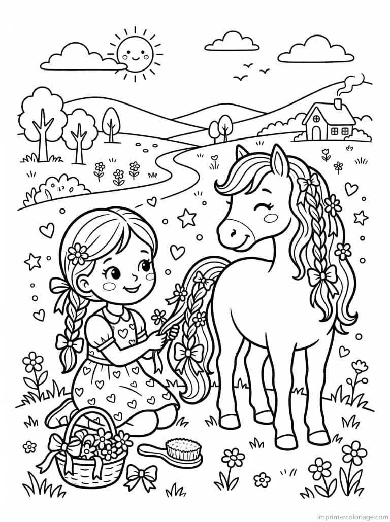 coloriage poney fille tresse queue rubans à imprimer coloriage poney fille tresse queue rubans - dessin gratuit à imprimer
