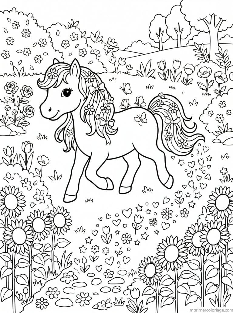 coloriage poney jardin printemps papillons coeurs à imprimer coloriage poney jardin printemps papillons coeurs - dessin gratuit à imprimer