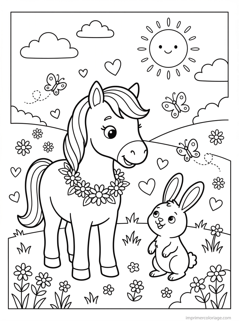 coloriage poney lapin amis fleurs coeurs prairie à imprimer coloriage poney lapin amis fleurs coeurs prairie - dessin gratuit à imprimer