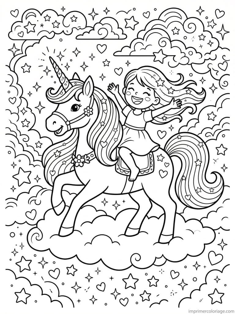 coloriage poney licorne fille nuages etoiles noir blanc à imprimer coloriage poney licorne fille nuages etoiles noir blanc - dessin gratuit à imprimer