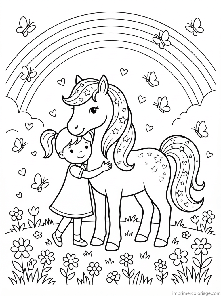 coloriage poney magique fille calin fleurs à imprimer coloriage poney magique fille calin fleurs - dessin gratuit à imprimer