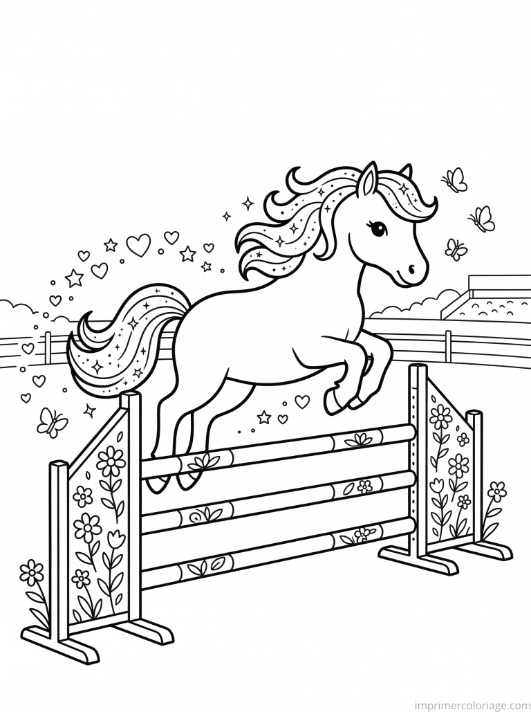 coloriage poney saut obstacle fleurs etoiles à imprimer coloriage poney saut obstacle fleurs etoiles - dessin gratuit à imprimer