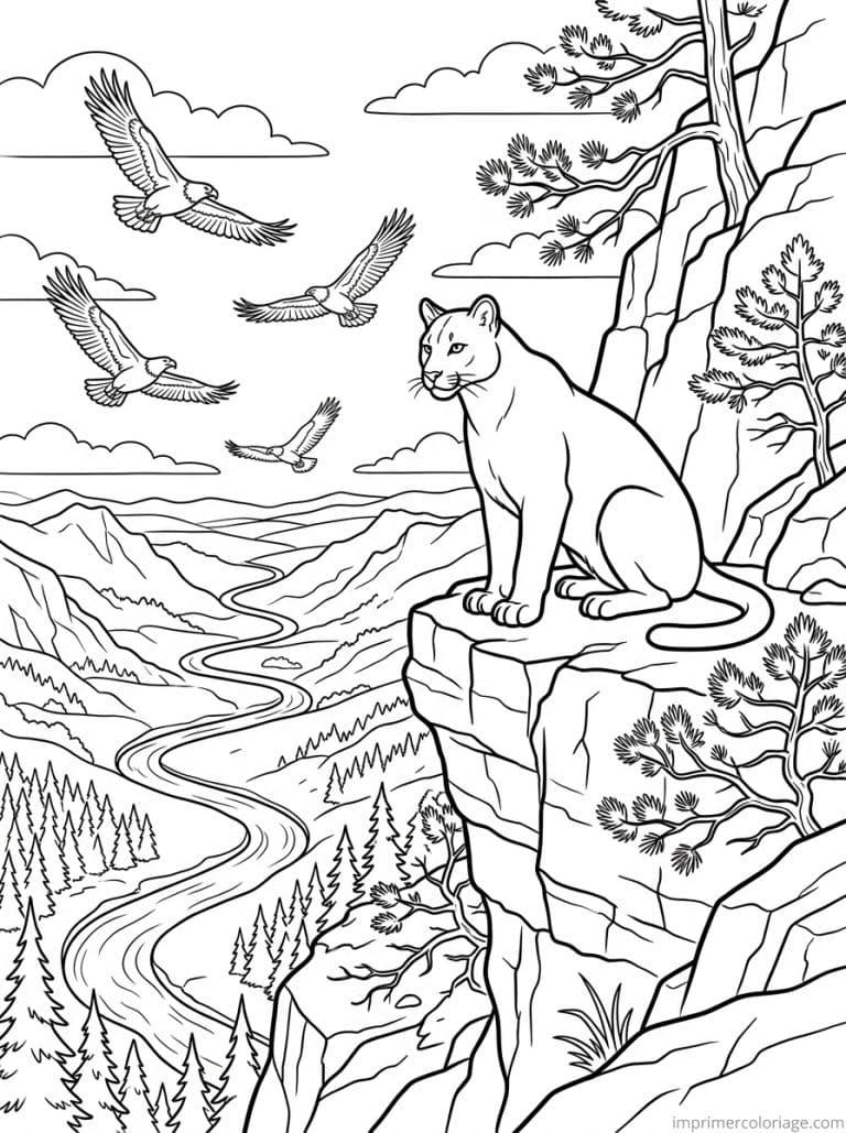coloriage puma falaise vallee aigles - dessin gratuit &agrave; imprimer
