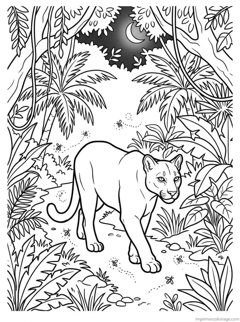 coloriage puma jungle nuit lucioles - dessin gratuit &agrave; imprimer