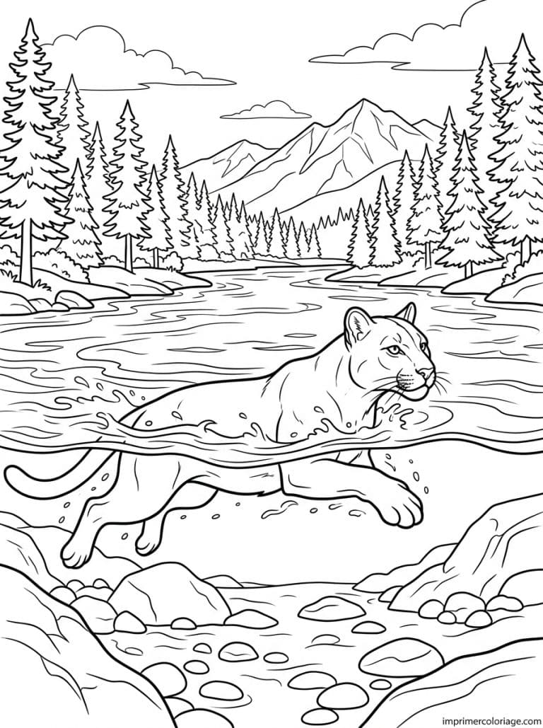 coloriage puma traverse riviere rochers - dessin gratuit &agrave; imprimer