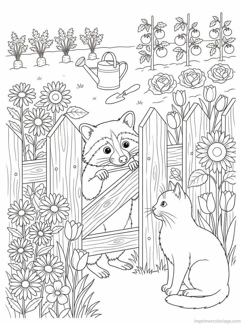 coloriage raton laveur cloture jardin - dessin gratuit &agrave; imprimer
