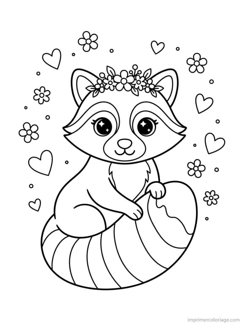 coloriage raton laveur cute couronne coeurs - dessin gratuit &agrave; imprimer