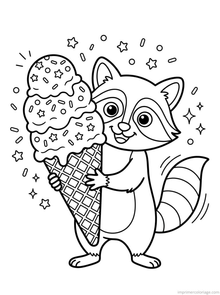 coloriage raton laveur cute glace etoiles - dessin gratuit &agrave; imprimer