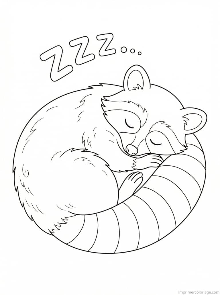 coloriage raton laveur dort enroule - dessin gratuit &agrave; imprimer