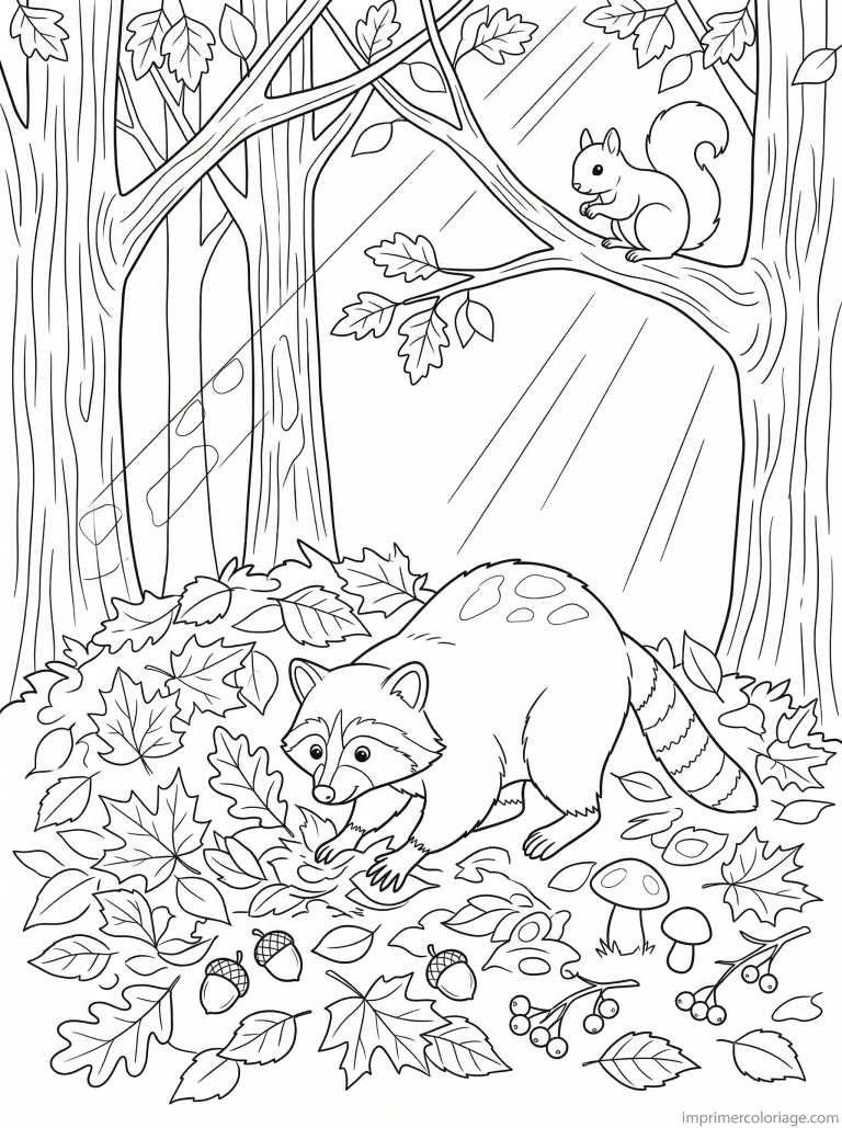 coloriage raton laveur feuilles foret - dessin gratuit &agrave; imprimer
