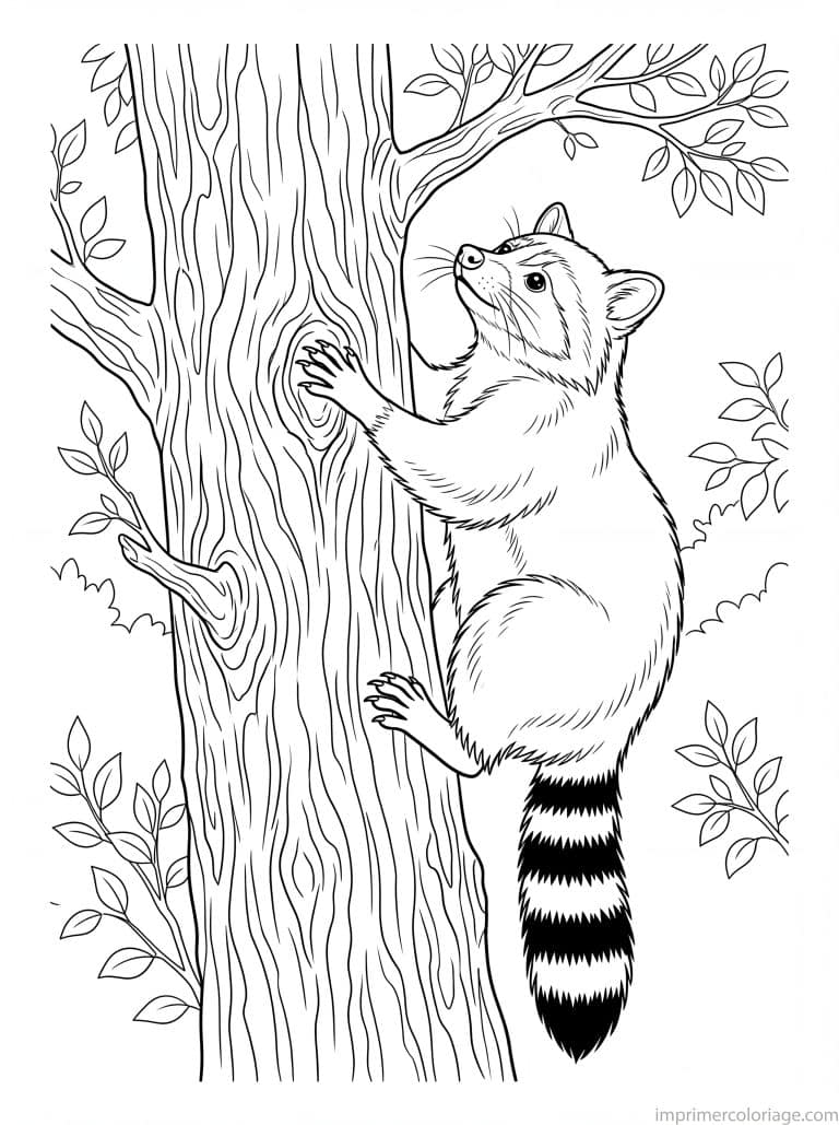 coloriage raton laveur grimpe arbre - dessin gratuit &agrave; imprimer