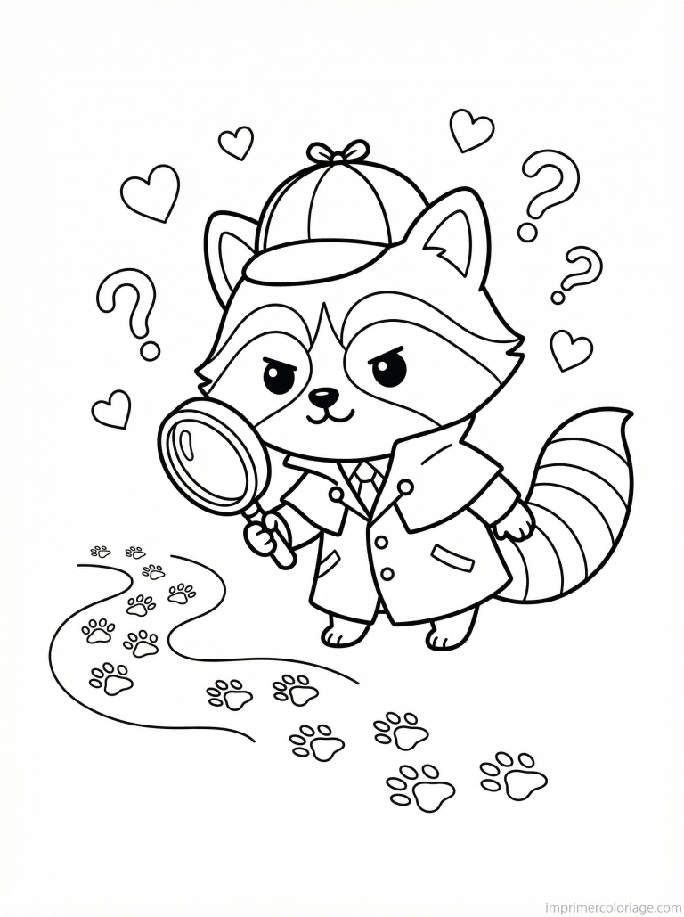 coloriage raton laveur kawaii detective - dessin gratuit &agrave; imprimer