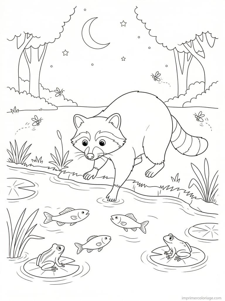 coloriage raton laveur peche riviere - dessin gratuit &agrave; imprimer