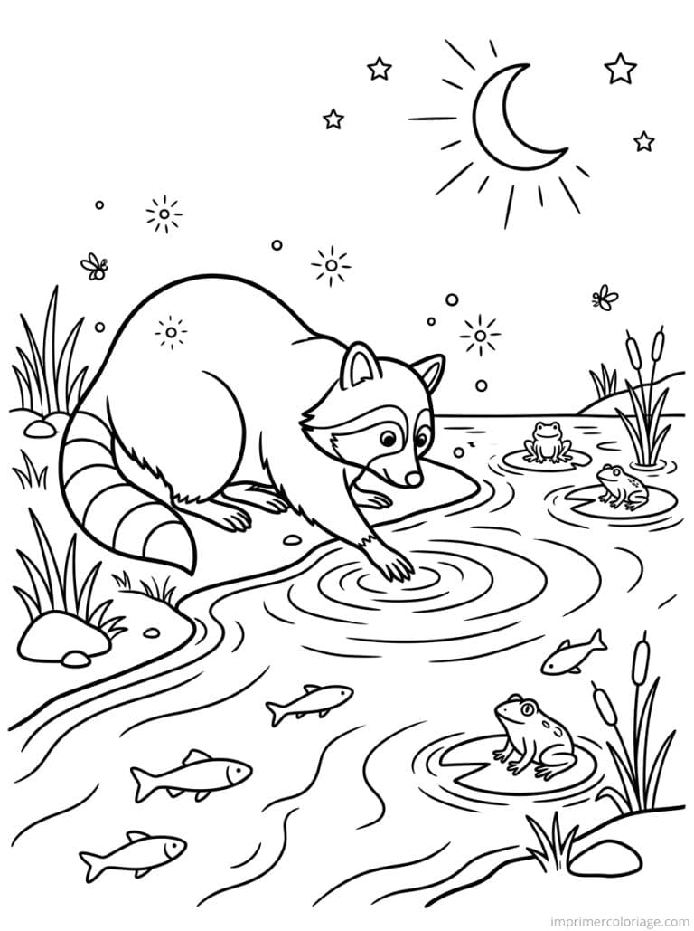 coloriage raton laveur peche riviere lune - dessin gratuit &agrave; imprimer