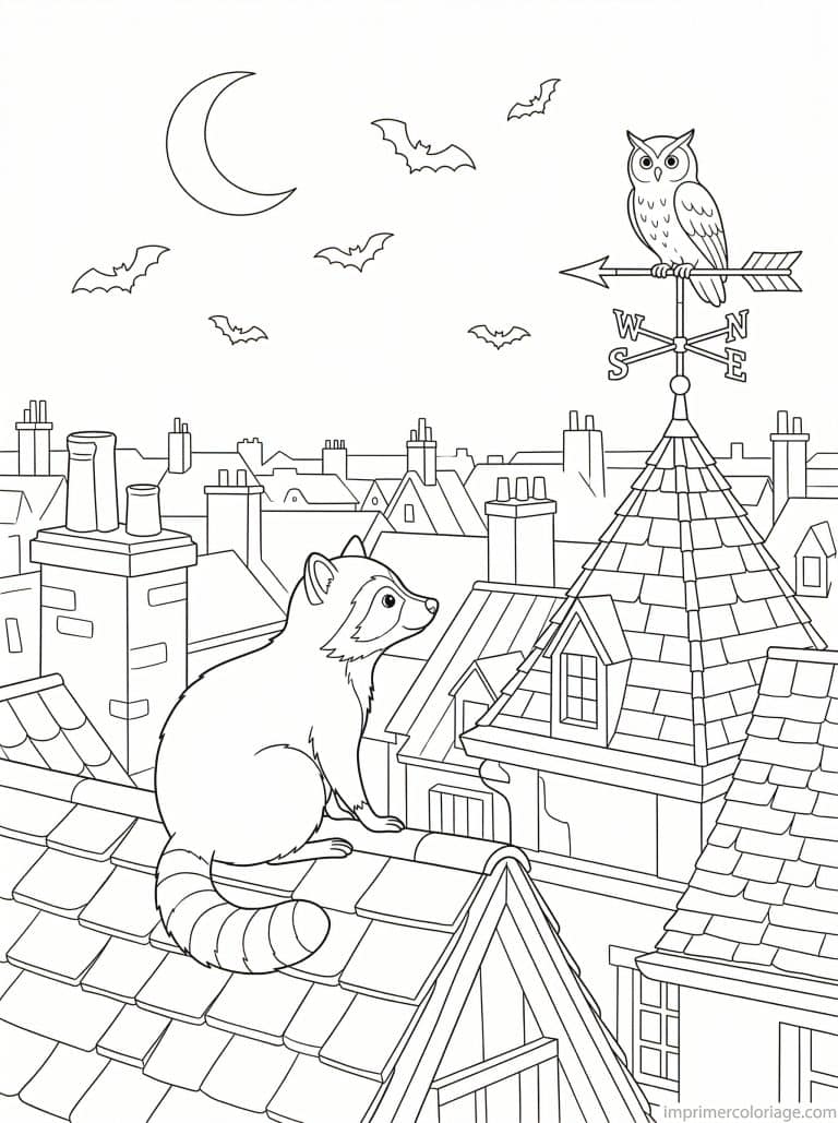 coloriage raton laveur toit ville nuit - dessin gratuit &agrave; imprimer