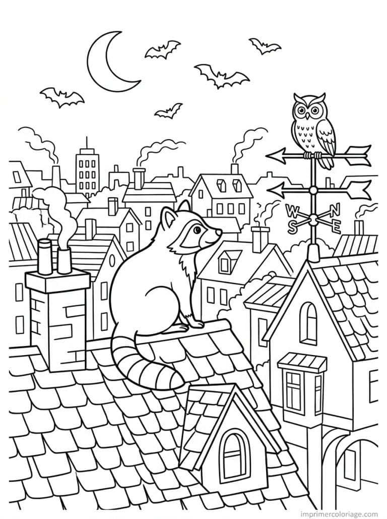 coloriage raton laveur toit ville nuit - dessin gratuit &agrave; imprimer
