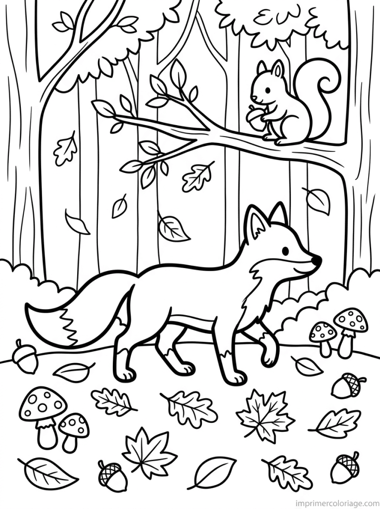 coloriage renard foret automne feuilles - dessin gratuit &agrave; imprimer