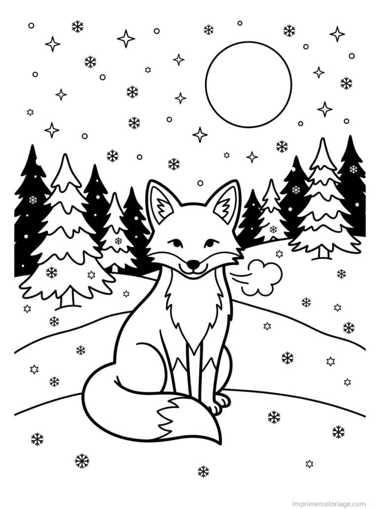 coloriage renard neige lune nuit - dessin gratuit &agrave; imprimer
