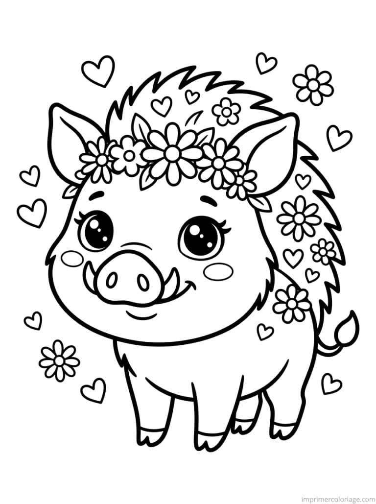 coloriage sanglier cute couronne fleurs - dessin gratuit &agrave; imprimer