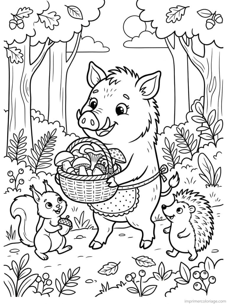 coloriage sanglier cute tablier champignons - dessin gratuit &agrave; imprimer