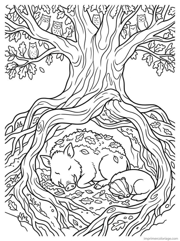coloriage sanglier dort racines blaireau - dessin gratuit &agrave; imprimer