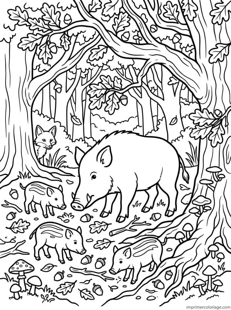 coloriage sanglier famille foret glands - dessin gratuit &agrave; imprimer