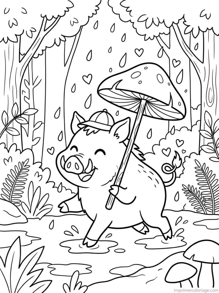 coloriage sanglier kawaii champignon pluie - dessin gratuit &agrave; imprimer