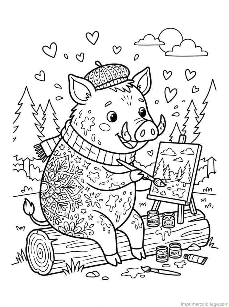 coloriage sanglier kawaii peintre foret 1 - dessin gratuit &agrave; imprimer